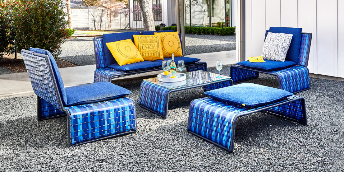tabloid outdoor woven seating in blue